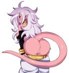 android_21 ass black_sclera dragon_ball dragon_ball_fighterz looking_back majin_android_21 monster_girl pants_pulled_down pink_skin pointy_ears pussy radlionheart red_eyes tail