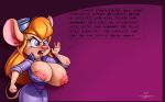 1girl 2016 angry anthro big_breasts blonde_hair blue_eyes breasts buckteeth chip_'n_dale_rescue_rangers clothing collaboration disney erect_nipples eyelashes eyewear eyewear_on_head furry gadget_hackwrench goggles hair huge_breasts joelasko long_hair mammal mouse nipple_slip nipples one_breast_out open_mouth purple_background rodent simple_background teeth wallpaper wardrobe_malfunction white-devil_(artist)