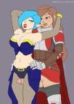 armor athorment athorment_oc balls blue_eyes blue_hair breasts brown_eyes brown_hair cape cleavage clothed elf elf_ears erection evelyn_(athorment) evelyn_knight_(athorment) futanari imminent_sex interracial interspecies latina long_hair navel open_mouth outercourse penis short_hair skirt_lift smile thigh_sex tristalia_(gundam_yuki)