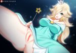 1_girl 1girl crown dress dress_lift female female_human female_only holding_wand human long_hair looking_at_viewer mostly_clothed nintendo no_panties partially_clothed patreon princess_rosalina pussy rosalina royalty solo star_earrings super_mario_bros. super_mario_galaxy tofuubear wand