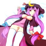 1girl bad_id bandaid bandaid_on_pussy bed breasts female hat large_breasts long_hair maebari nipples no_bra no_panties patchouli_knowledge purple_hair ribbon ribbons small_areolae solo thighhighs touhou twintails very_long_hair yako