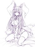  1girl animal_ears bad_id bed breasts bunny_ears female large_breasts long_hair monochrome panties reisen_udongein_inaba solo take_toshiaki taketoshi_aki touhou underwear 