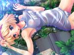 1girl alice_margatroid armpits blonde_hair blue_eyes blush book erect_nipples female hairband ichio lying nipples one-piece_swimsuit ribbon ribbons school_swimsuit see-through shiny shiny_clothes short_hair solo swimsuit touhou translated water wet wet_clothes white_school_swimsuit white_swimsuit