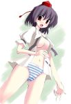  1girl aya_shameimaru black_hair blue_panties bottomless bow bow_panties female hat no_bra open_clothes open_mouth open_shirt panties red_eyes ribbon seo_tatsuya shameimaru_aya shirt solo striped striped_panties tokin_hat touhou underwear 