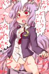 1girl animal_ears aruse_yuushi blush bunny_ears empty_eyes female long_hair no_panties nude pink_background purple_hair pussy pussy_juice reisen_udongein_inaba solo surprise surprised touhou translation_request uncensored wardrobe_malfunction