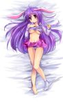  1girl animal_ears bad_feet barefoot bed blush breasts bunny_ears dakimakura feet female footwear highres kobanzame long_hair lying no_bra one_sock panties pantyshot purple_hair red_eyes reisen_udongein_inaba shirt_lift single_sock skirt socks solo striped striped_panties touhou underboob underwear upskirt 