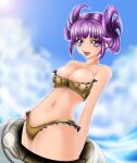  1041_(toshikazu) 1girl :d adapted_costume alluring alternate_costume bikini breasts cleavage cloud innertube looking_at_viewer open_mouth project_soul purple_eyes purple_hair short_hair sky smile soul_calibur soul_calibur_iii soul_calibur_vi swimsuit tira 