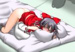  1girl asamura_hiori blush caught curiosities_of_lotus_asia futon hakurei_reimu japanese_clothes masturbation miko morichika_rinnosuke panties panties_around_leg panties_around_one_leg pillow pussy_juice reimu_hakurei ribbon ribbons shadow solo_focus top-down_bottom-up touhou underwear wet 