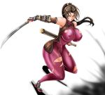 1041_(toshikazu) 1girl 1girl alluring armor battle_damage big_breasts bodysuit breasts brown_eyes brown_hair covered_erect_nipples curvy female_abs katana long_hair ninja ponytail purple_bodysuit skin_tight soul_calibur soul_calibur_ii soul_calibur_iii soul_calibur_vi sword taki_(soulcalibur) thick_thighs thighs torn_clothes weapon