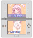 1girl animal_ears bunny_ears dress_shirt fake_screenshot female handheld_game_console heart hirasato long_hair necktie nintendo nintendo_ds panties pink_hair purple_hair red_eyes reisen_udongein_inaba shirt solo striped striped_panties touhou translated underwear