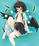  1girl aya_shameimaru black_hair black_wings bloomer_pull bloomers bloomers_around_one_leg bloomers_pull blush expressionless feathers female flat_chest footwear hat looking_down michii_yuuki no_bra open_clothes open_shirt red_eyes shameimaru_aya shirt short_hair skirt socks solo touhou underwear wings 