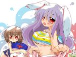 1boy 2girls :3 animal_ears beef_(gonzou) bikini black_hair blush breasts brown_hair bunny_ears erect_nipples fang female gonzou_(artist) inaba_tewi long_hair multiple_girls one-piece_swimsuit purple_hair red_eyes reisen_udongein_inaba school_swimsuit short_hair swimsuit tewi_inaba touhou yagokoro