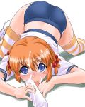  1girl bloomers blush_stickers buruma gym_uniform kanisawa_kinu kinu_kanisawa looking_at_viewer popsicle red_hair sexually_suggestive shinama solo striped striped_legwear striped_thighhighs tears thighhighs tongue tongue_out top-down_bottom-up tsuyokiss underwear 