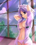 1girl arms_up blue_eyes bow braid breasts cleavage female hair_bow izayoi_sakuya kobanzame large_breasts lavender_hair light_rays maid_headdress navel no_bra no_pants open_clothes open_shirt panties purple_eyes purple_hair sakuya_izayoi shirt short_hair solo sunbeam sunlight touhou twin_braids underwear window