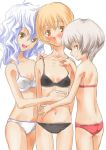  3girls bikini blonde_hair brown_hair female lavender_hair lunasa_prismriver lyrica_prismriver merlin_prismriver multiple_girls short_hair siblings sisters swimsuit touhou white_hair yellow_eyes yohane 