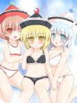  3girls blonde_hair blue_eyes blue_hair blush bra brown_eyes brown_hair female hat lingerie lunasa_prismriver lyrica_prismriver merlin_prismriver midriff multiple_girls one_eye_closed panties ry short_hair siblings sisters touhou underwear underwear_only wink yellow_eyes 