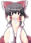 1girl black_hair bow collarbone detached_sleeves female hair_bow hakurei_reimu kugui_kiyunemu long_hair looking_at_viewer midriff mouth_hold navel nude red_bow red_eyes red_skirt reimu_hakurei ribbon-trimmed_sleeves ribbon_trim sidelocks simple_background skirt solo spread_legs stomach touhou white_background