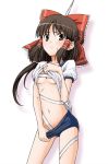  1girl alternate_costume black_hair bow breasts brown_eyes brown_hair budget_sarashi buruma female groin gym_uniform hair_bow hair_tubes hakurei_reimu measuring_tape midriff mound_of_venus navel no_bra reimu_hakurei ribbon sarashi shirt_lift solo tape_measure tomokichi touhou underboob 