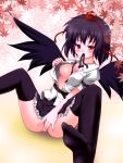 1girl aya_shameimaru bad_id black_hair black_wings blush breasts dagu female hat leaf leaves looking_at_viewer mouth_hold no_bra no_panties open_clothes open_shirt red_eyes shameimaru_aya shirt short_hair solo thighhighs touhou wings