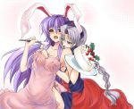  2girls animal_ears apron blush breast_grab breasts bunny_ears cake_(food) eirin_yagokoro female food grabbing hand_under_clothes hand_under_shirt hat large_breasts long_hair multiple_girls naked_apron open_mouth pastry piro_sui piromizu purple_hair red_eyes reisen_udongein_inaba shirt strawberry touhou white_hair yagokoro_eirin yuri 