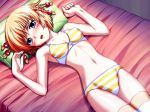 1girl bed blonde_hair blue_eyes blush bra braid flat_chest game_cg kanisawa_kinu kinu_kanisawa lingerie lying navel on_back open_mouth panties pillow shironeko_sanbou short_hair small_breasts solo striped striped_bra striped_panties thighhighs tsuyokiss underwear underwear_only