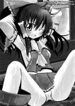 1girl accident bad_id bucket female hakurei_reimu japanese_clothes kitahara_tomoe_(artist) kitahara_tomoe_(kitahara_koubou) miko monochrome nipple_slip nipples panties reimu_hakurei ribbon ribbons solo touhou underwear wardrobe_malfunction wet