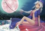  2girls animal_ears bare_legs braid breasts bunny_ears cleavage eirin_yagokoro female hachi_shoku legs moon multiple_girls night no_bra open_clothes purple_eyes red_moon reisen_udongein_inaba silver_hair touhou white_hair wind yagokoro_eirin yakusa 