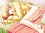 1girl ass bed blouse bottomless fetal_position game_cg kanisawa_kinu kinu_kanisawa long_legs lying no_pants on_side pajamas panties shironeko_sanbou solo striped striped_panties tsuyokiss underwear yellow_panties