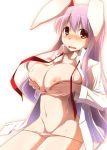  1girl animal_ears blush bra bra_pull breast_lift breast_squeeze breasts bunny_ears cleavage dress_shirt fang female groin huge_breasts kurikara lingerie long_hair mound_of_venus necktie nipples open_clothes open_shirt panties panty_pull pink_panties purple_hair red_eyes red_necktie reisen_udongein_inaba shirt sitting solo sweat touhou underwear undone_necktie very_long_hair 