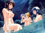 4girls bath black_hair blonde_hair blue_eyes blue_hair braid breast_grab breasts closed_eyes dutch_angle erika_kiriya feet_in_water game_cg grabbing groping hair kiriya_erika kurogane_otome large_breasts lavender_hair multiple_girls navel night nipples nude onsen otome_kurogane outdoors outside partially_submerged ponytail red_eyes satou_yoshimi shironeko_sanbou sitting soaking_feet towel towel_on_head tsuyokiss wading water wet yashi_nagomi yuri