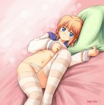 bed blue_eyes blush bottomless bow bow_panties braid brown_hair hair_bobbles hair_ornament kanisawa_kinu kinu_kanisawa lying navel no_pants on_back orange_panties panties ryp school_uniform seifuku serafuku shirt_lift short_hair striped striped_legwear striped_panties striped_thighhighs thighhighs tsuyokiss underwear