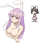  2girls animal_ears bad_id blush blush_stickers breast_lift breasts brown_hair bunny_ears camera chibi female inaba_tewi ket-c long_hair multiple_girls nipples oekaki purple_hair reisen_udongein_inaba short_hair smirk sweatdrop tewi_inaba touhou 