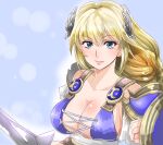 1041_(toshikazu) 1girl alluring armor bangs big_breasts blonde_hair blue_eyes blush braid breasts cleavage closed_mouth collarbone commentary_request cross-laced_clothes dress hair_ornament long_hair milf no_bra pauldrons project_soul shield shoulder_armor silf smile sophitia_alexandra soul_calibur soul_calibur_ii soul_calibur_iii soul_calibur_vi sword weapon