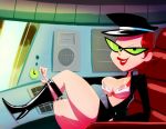  areolae bra breasts dexter&#039;s_laboratory glasses hat high_heel_boots katka limousine mole panties_around_leg red_hair red_lipstick redhead thehumancopier 