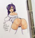 1girl 2018 big_ass blue_eyes bonita_en_blanco bottomless callmepo female_only huge_ass pinupsushi purple_hair pussy sweater zone-tan