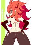 1girl android_21 anus ass ass_tattoo bare_ass bare_back bare_shoulders black-framed_glasses black_pants blue_eyes brown_hair clitoral_hood clitoris curly_hair diives dragon_ball dragon_ball_fighterz ear_piercing earrings elbow_gloves fingerless_gloves flashing from_behind frown gif glasses gloves high_resolution hoop_earrings jewelry leggings looking_at_viewer looking_back megane nopan pants pants_down pants_pull patreon_reward piercing pussy tattoo uncensored