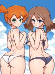 2girls ass back bikini black_bikini blue_eyes blue_sky blush breasts brown_hair butt_crack chro_(rulurullu) cloud day eyebrows_visible_through_hair female from_behind green_eyes hair_tie haruka_(pokemon) kasumi_(pokemon) large_breasts looking_at_viewer looking_back may medium_breasts misty multiple_girls open_mouth orange_hair outdoors pokemon pokemon_(anime) pokemon_rgby pokemon_rse shiny shiny_skin short_hair side_ponytail sky standing swimsuit tied_hair underboob white_bikini