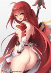 1girl 1girl 1girl areola ass back black_legwear blush breasts cape elesis_(elsword) elsword eyebrows_visible_through_hair from_behind gloves grey_background holding holding_spear holding_weapon long_hair looking_at_viewer looking_back nipples open_mouth polearm red_eyes red_hair revision shield sideboob simple_background small_breasts spear standing stockings symbol-shaped_pupils teeth torn_clothes very_long_hair waero watermark weapon web_address white_gloves