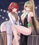  2girls alluring big_breasts black_dress black_gloves blonde_hair doiparuni dress earrings elbow_gloves gloves hair_over_one_eye high_res jewelry looking_at_viewer mythra nintendo pyra red_eyes red_hair smile swept_bangs tiara white_dress white_gloves xenoblade_(series) xenoblade_chronicles_2 yellow_eyes 