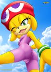 1girl 2018 ass bbmbbf bodysuit bracelets cameltoe canid canine custom_character_(sonic_forces) dog green_eyes hat looking_down mobius_unleashed open_smile palcomix posing rear_view sega skin_tight small_breasts sonic_(series) sonic_forces sonic_the_hedgehog_(series) tail viewed_from_below wink yellow_fur