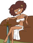 amphibia anne_boonchuy cleavage crossed_legs dark-skinned_female disney disney_channel gigantic_breasts nipple_bulge overflowing_breasts seductive_smile sword terrible_the_drawfag