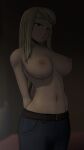 1girl 3d bangs belt big_breasts blonde_hair blue_eyes breasts denim erect_nipples fullmetal_alchemist greatm8 high_resolution jeans long_hair navel nipples pants sexy sexy_body sexy_breasts sexy_nipples sexy_pose stomach topless winry_rockbell