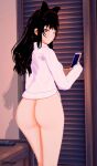  3d arrancon artist_name ass black_hair blake_belladonna bottomless breasts cellphone high_resolution koikatsu phone rwby shadow shirt smile white_shirt 