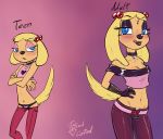 <3 1girl 2018 5_fingers aged_up anthro bedroom_eyes blonde_hair blue_eyes blush brandy_and_mr._whiskers brandy_harrington breasts canine choker cleavage clothed clothing collar crop_top crossed_arms digital_media_(artwork) disney dog english_text flat_chested furry gloves hair half-closed_eyes hand_on_hip high_res jeans lipstick looking_at_viewer makeup mammal midriff navel panties pants seductive shirt simple_background smile soulcentinel teasing teen text thong underwear