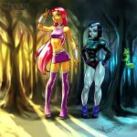 2_girls abs beast_boy big_breasts black_hair bob_cut boots bracelet dc_comics female_only full_body green_eyes krashzone miniskirt navel orange_skin pale_skin pose posing raven_(dc) red_hair short_hair skin_tight skirt standing starfire teen_titans thick_thighs