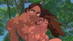  1girl big_breasts big_breasts blue_eyes blush breasts brown_hair disney edit gan_(artist) green_eyes huge_breasts human husband husband_and_wife jane_porter jungle lipstick long_hair male muscle nipples nude outside outside sky smile tarzan tarzan_(character) topless wife 