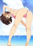 1girl ass beach bikini breasts brown_eyes brown_hair cute haruhisky hot looking_at_viewer looking_back ocean sexy short_hair smile suzumiya_haruhi suzumiya_haruhi_no_yuuutsu