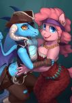  amber_eyes anthro audrarius bandanna blue_eyes breast_squish breasts cleavage clothed clothing cutlass dragon equine eye_patch eyepatch eyewear friendship_is_magic furry horn horse jewelry mammal melee_weapon my_little_pony necklace piercing pinkie_pie_(mlp) pirate pirate_hat pony princess_ember_(mlp) sword weapon 