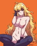  1girl akairiot artist_name big_breasts black_gloves black_legwear blonde blush breasts covering covering_crotch curvaceous erect_nipples functionally_nude gloves indian_style inverted_nipples light-skinned_female light_skin long_hair navel nipples no_panties nude orange_background purple_eyes rwby simple_background sitting stockings very_long_hair yang_xiao_long 