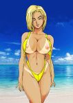 1girl absurdres adjusting_hair android_18 areolae beach blonde_hair blonde_pubic_hair blue_eyes bob_cut breasts cloud collarbone colored_pubic_hair cowboy_shot dragon_ball dragon_ball_z earrings female_pubic_hair groin highres hoop_earrings jewelry kugayama_hodai large_breasts legs naughty_face navel nipples nude ocean outdoors parted_lips pubic_hair sand short_hair sky smile solo standing tan_line tanned tanned_skin thighs water